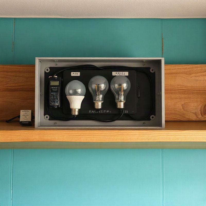 Panel eléctrico doméstico y bombillas LED sobre un estante de madera con fondo teal
