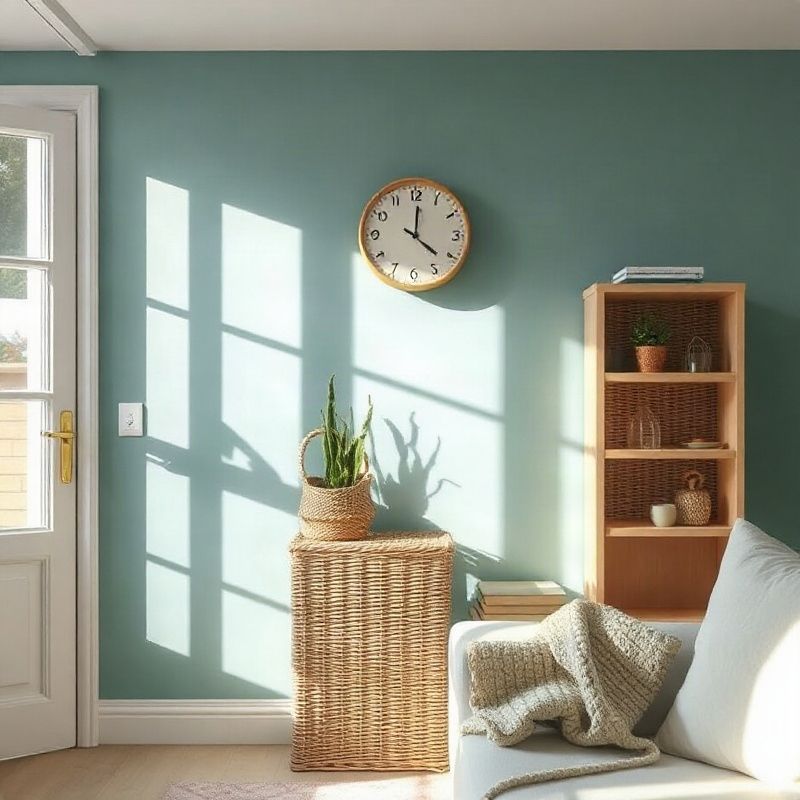 Sala de estar ordenada con canasta de mimbre y reloj sobre una pared pintada de teal