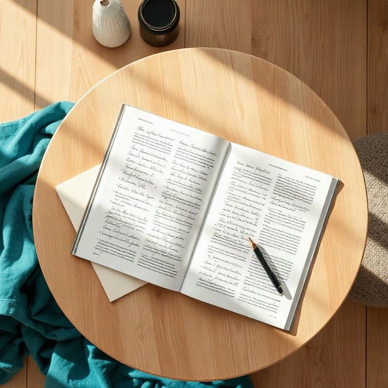 Revista abierta y notas manuscritas sobre una mesa de madera clara con tela teal