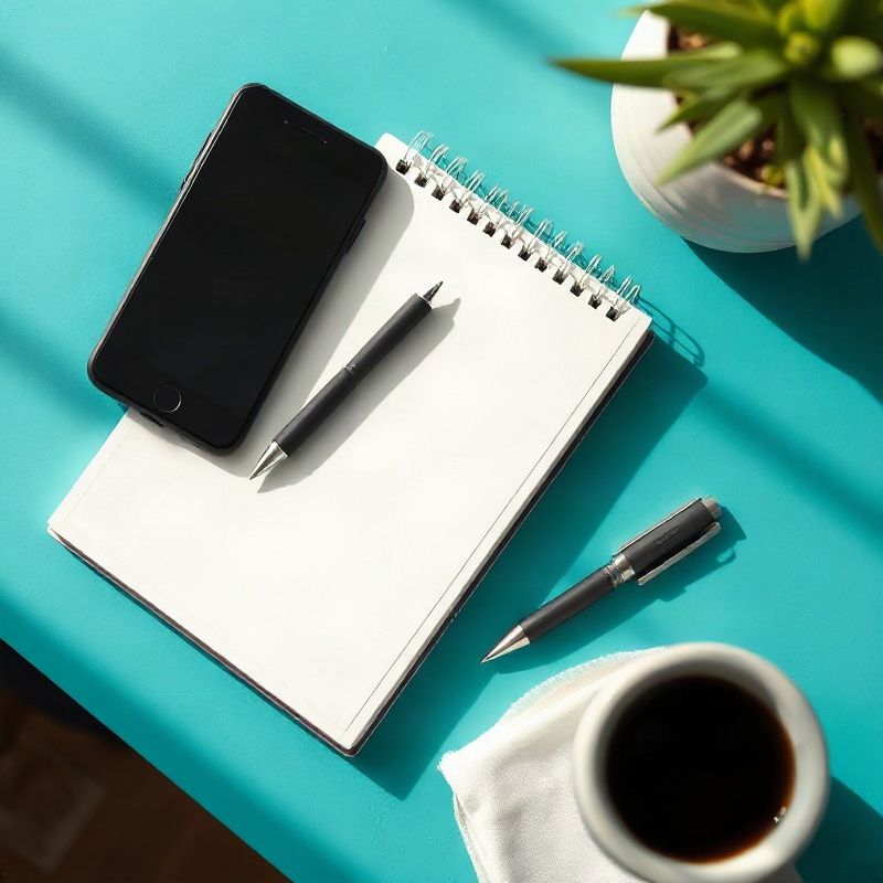 Teléfono, lapicera y libreta sobre una superficie con acentos teal, luz natural del sur