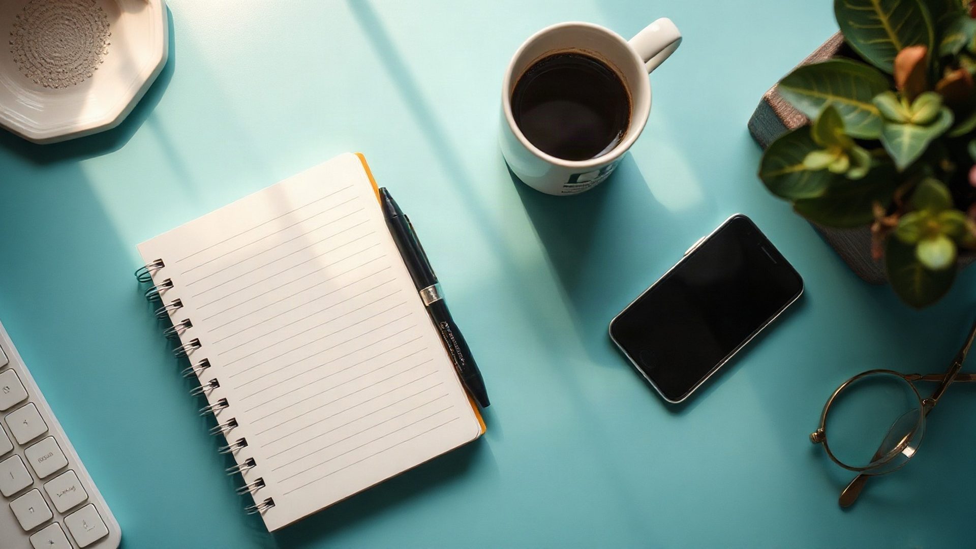 Cuaderno, taza de café y teléfono sobre un escritorio con acentos teal